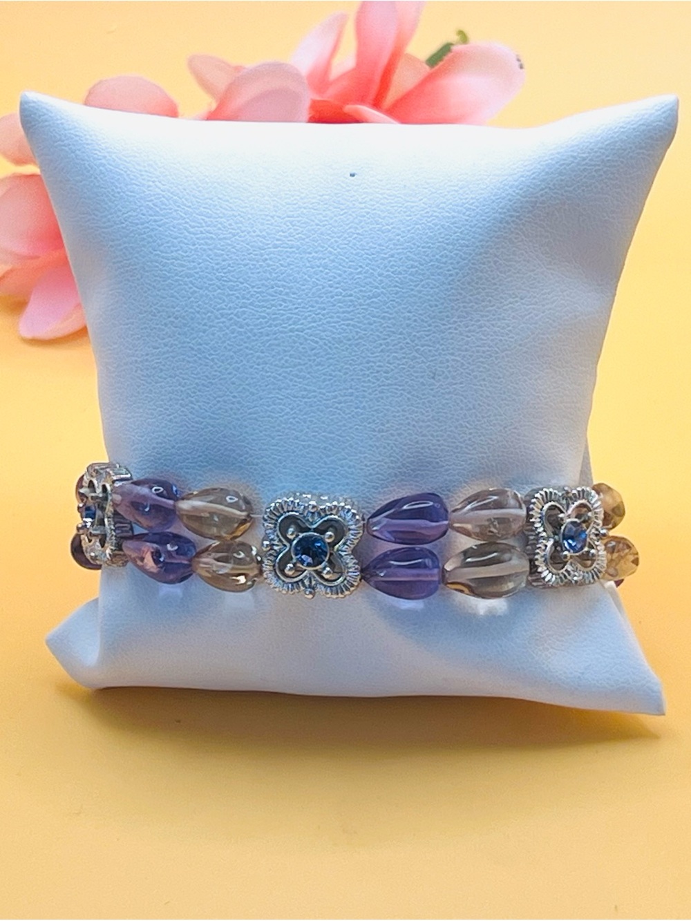 Silver Floral Link Bracelet with Ametrine semi Precious stones